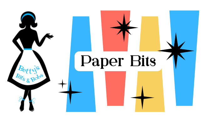 Paper Bits brand art with Betty's Bits & Bobs logo and retro color panels.